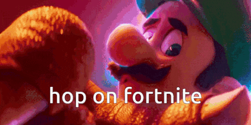 a cartoon character is holding a hamburger with the words `` hop on fortnite '' written below it .