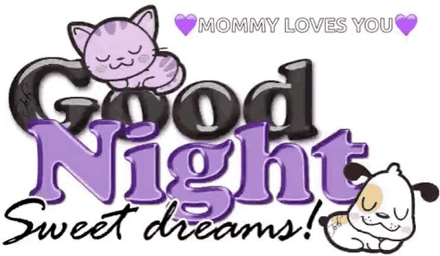 a purple cat is laying on top of the words good night sweet dreams