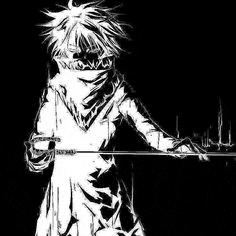 a black and white drawing of a person holding a sword in a dark room .