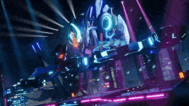 a futuristic robot is flying over a city with a sign that says ' nc universe music ' on it