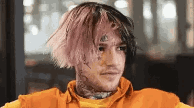 a young man with pink and black hair and a tattoo on his face is wearing an orange vest .
