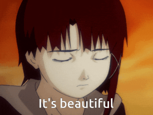 a cartoon girl with her eyes closed and the words it 's beautiful behind her