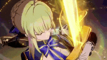 a girl is holding a sword in her hands .