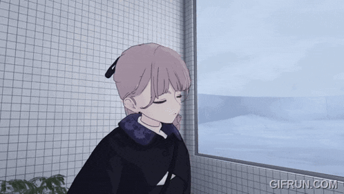 a gif from gifrun.com shows a girl standing in front of a window with her eyes closed