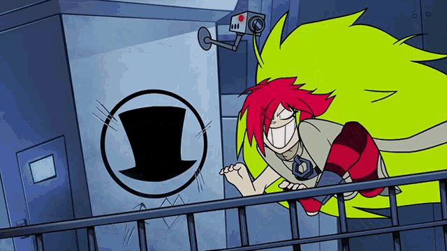 a cartoon character with a top hat and a camera on the wall