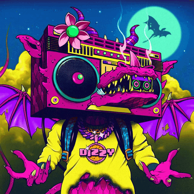 a cartoon illustration of a monster with a boombox on its head and the word dizzy on his shirt
