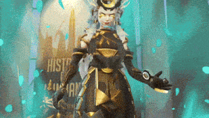 a woman in a black and gold outfit is standing in front of a sign that says historic humans .