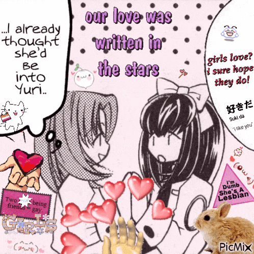a picture of two girls with the words " our love was written in the stars " on it