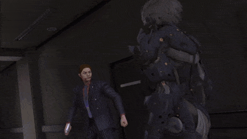 a man in a suit is holding a gun with a purple background