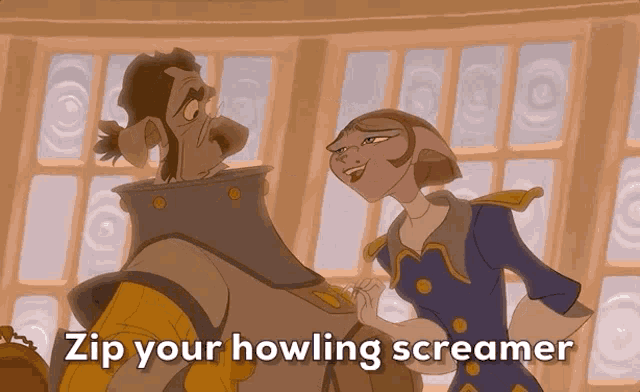 a cartoon of a man and a woman with the words zip your howling screamer above them