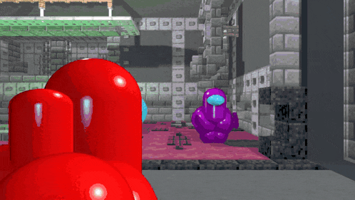 a red among us character and a purple among us character are in a room