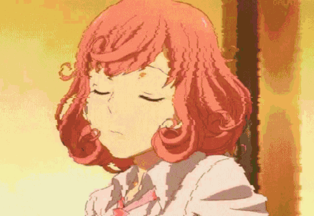 a pixel art of a girl with red hair and closed eyes