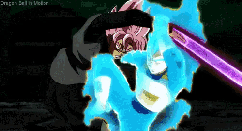 a cartoon of a person holding a purple sword with the words dragon ball in motion above them