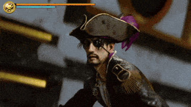 a man wearing a pirate hat and eye patch stands in front of a skull