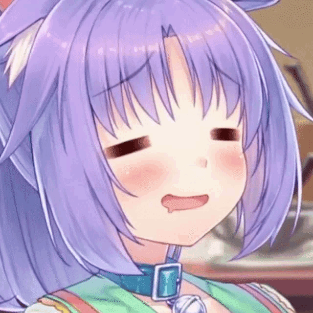 a close up of a anime girl with purple hair making a funny face