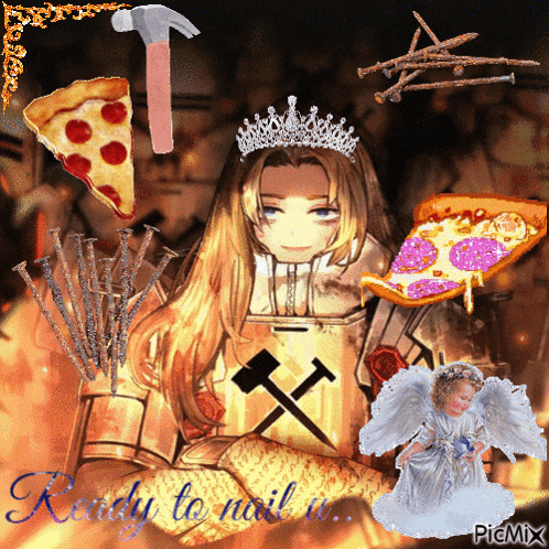 a girl with a crown on her head is surrounded by pizza nails and hammers