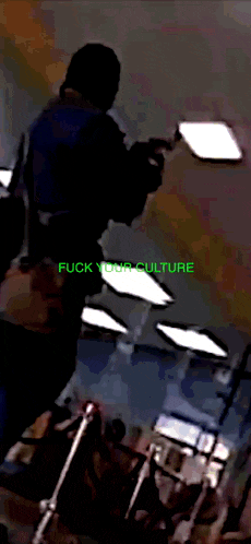 a man holding a gun with the words fuck your culture on the bottom right