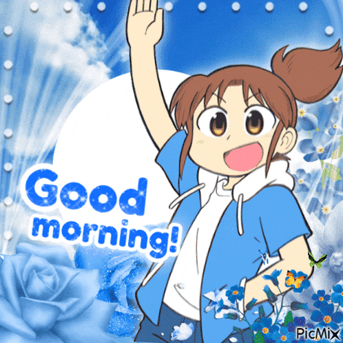 a picture of a girl waving with the words good morning
