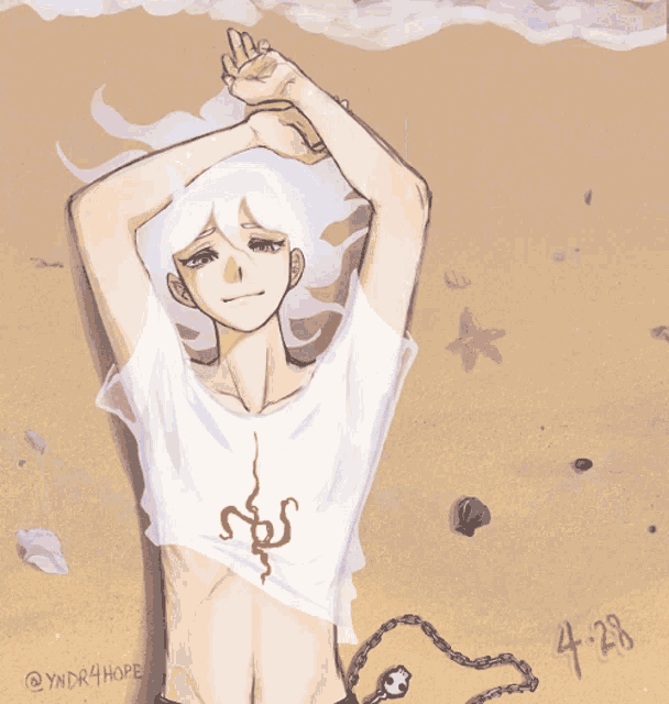 a drawing of a person on the beach with the date 4-28 on the bottom