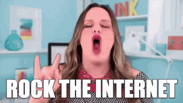 a woman is yawning and making a peace sign with her mouth open and the words rock the internet below her