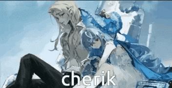 a man and a woman are sitting next to each other in a painting with the word cherik on the bottom .