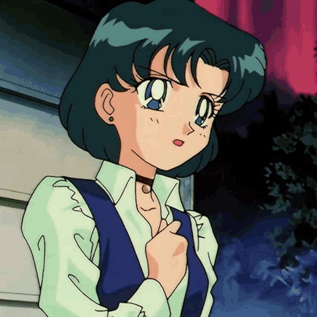 a cartoon girl with blue hair and a choker around her neck