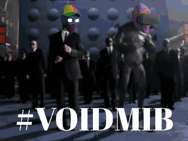 a group of men are standing in front of a sign that says #voidmib on it