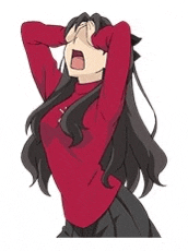 a girl with long black hair is wearing a red sweater and black skirt .