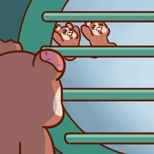 a cartoon of a bear looking out a window