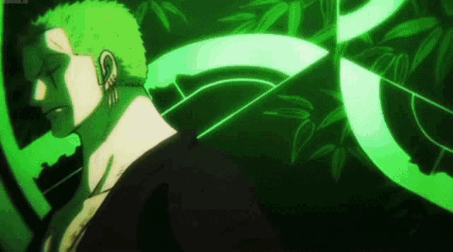 a man with green hair is standing in front of a green background with a green sword .