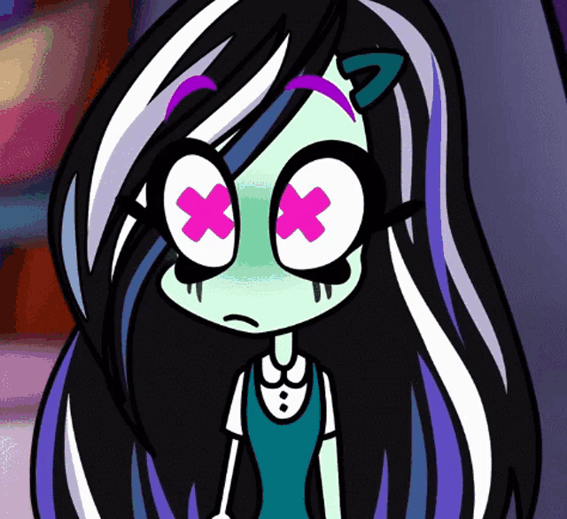 a cartoon drawing of a girl with purple and black hair