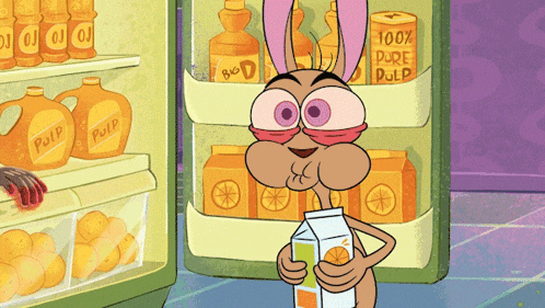 a cartoon character holding a carton of pure pulp