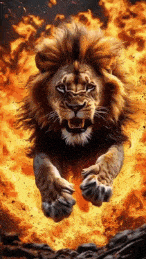a lion is jumping through the air in a painting .