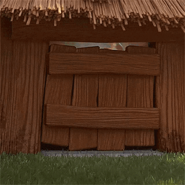 a cartoon character is looking out of a thatched roof house