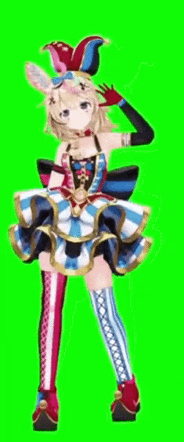 a girl in a clown costume is standing on a green background .
