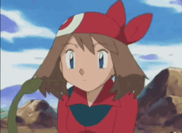 may from pokemon is wearing a red hat and a red jacket