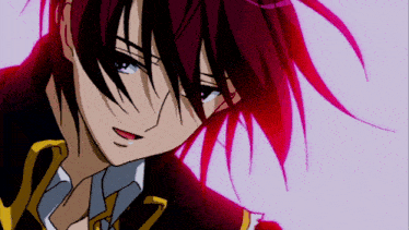 a close up of a person with red hair and purple eyes