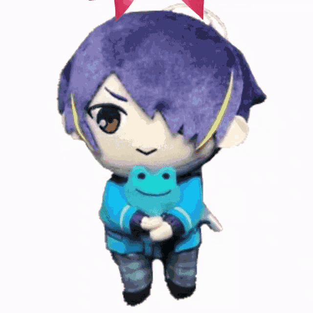 a stuffed anime character with a pink bow on his head holds a blue frog