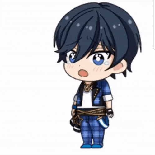 a cartoon of a boy with blue hair and blue eyes .