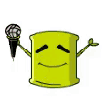 a cartoon drawing of a yellow object with a face and three microphones on it .