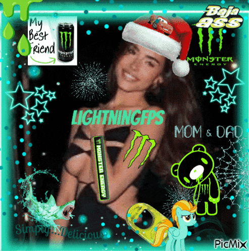 a picture of a woman wearing a santa hat with a can of monster energy