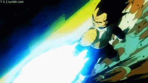 a cartoon character is flying through the air with a light coming out of his hand .