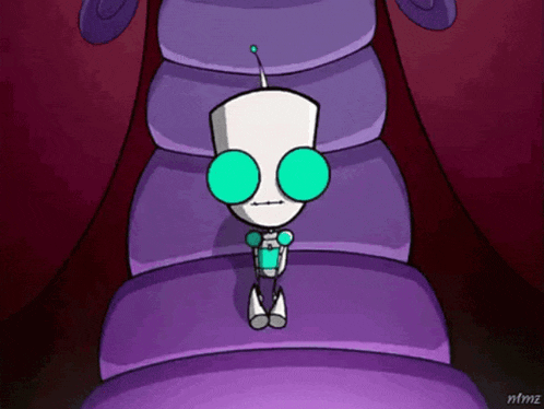 a cartoon character with green eyes is sitting on a purple object
