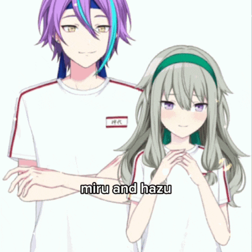 a boy and a girl are standing next to each other with the words miru and hazu written on the bottom