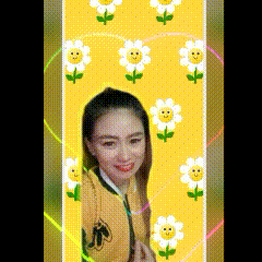 a woman in a yellow jacket is surrounded by smiley faces and flowers