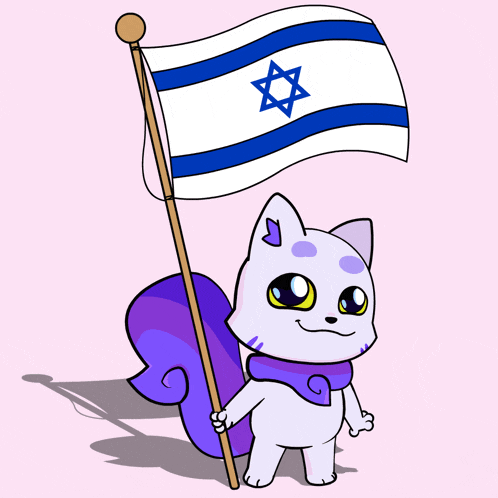 a cartoon drawing of a cat holding a flag with a jewish star on it