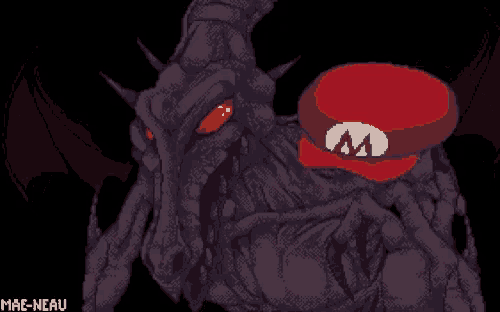 a pixel art drawing of a dragon wearing a red hat with the letter m on it