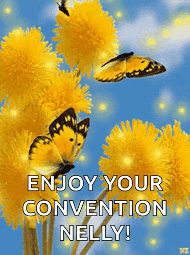 a picture of butterflies and yellow flowers with the words enjoy your convention nelly