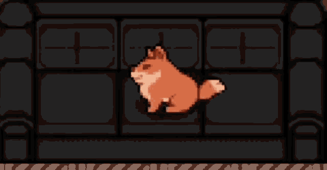 a pixel art of a fox standing on a black couch .