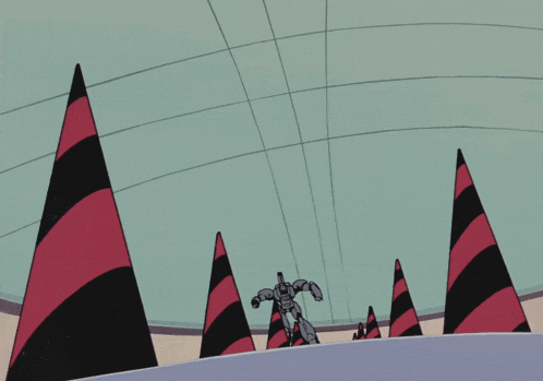 a cartoon drawing of a robot surrounded by red and black striped cones